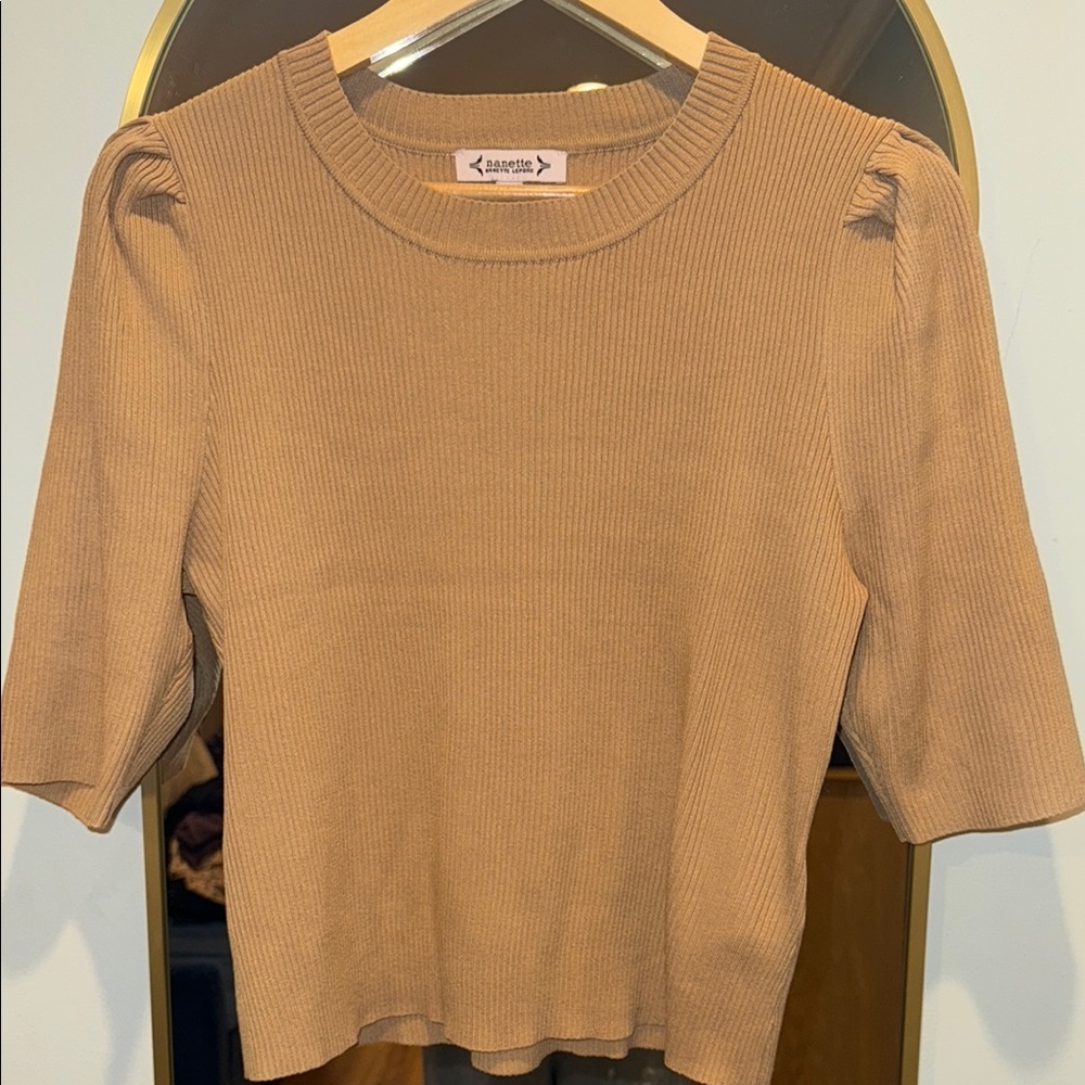 Nannette Camel Ribbed Puff Sleeve Blouse